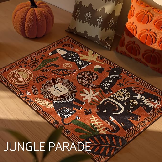 jinchan 2x3 Cute Area Rug Kids Washable Fun Rug Terracotta Boho Jungle Mat | Soft, Cozy, Non-Slip, Kid-Friendly, Safari, Lightweight, Entryway, Kitchen, Dorm, Bedroom, Laundry Room, Bathroom, Nursery