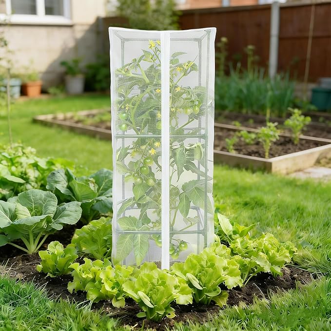 6 Pack Tomato Cage Netting Covers for Square Tomato Cages, 41.4" × 17.4" Fine Mesh Garden Netting with Easy-Access Zipper & Adjustable Drawstring, Durable Bird & Insect Barrier for Tomato Plants
