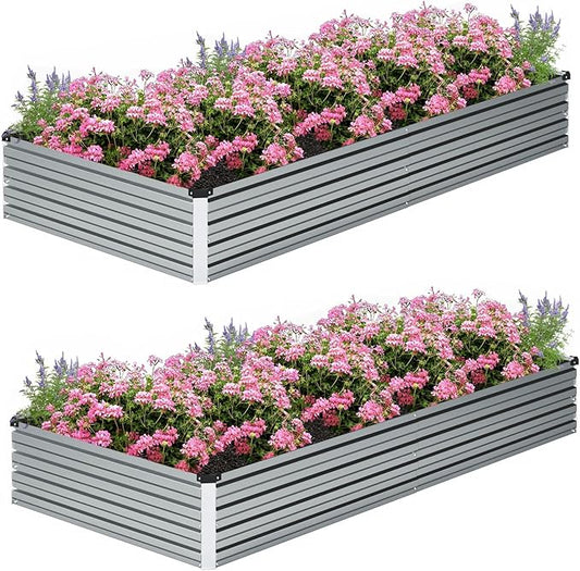 2PCS 8x2x1ft Galvanized Raised Garden Kit,Metal Planter Box,Silver | Outdoor Elevated Metal Planter Box For Vegetables, Flowers & Herbs. Rustproof Galvanized Steel, Open Drainage, Easy Assembly