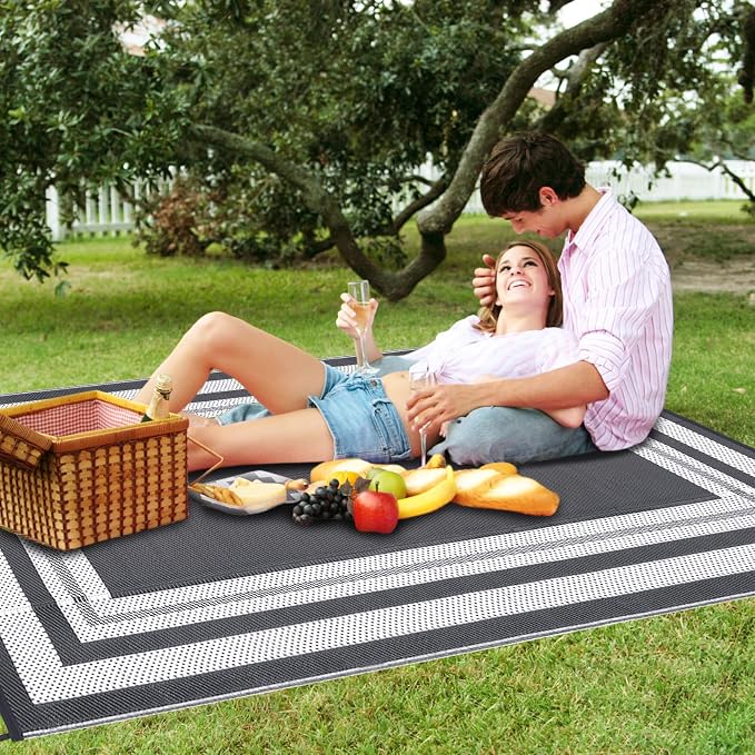Garvee 9x12 Outdoor Rug for Patio Plastic Straw Rug Waterproof Reversible Mat Lightweight Foldable Carpet Easy Clean Large Rugs for Patio Porch Backyard Camping RV Beach Balcony Deck Panel Grey