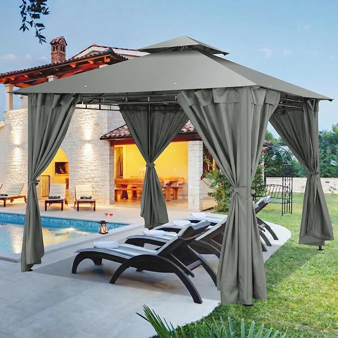 COBIZI 10x10 Gazebo with Double Roof & Mosquito Netting Outdoor Heavy-Duty Party Tent, Patio Tent with Zipper Screens - Backyard Garden Lawn Shelter Includes Wind Ropes Expansion Bolts, Grey