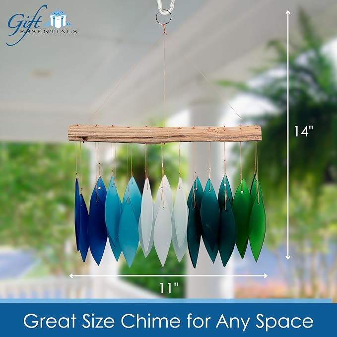 Blue Handworks Gradient Ocean Shades Glass Leaves Wind Chime | Sandblasted Glass and Found Wood Handcrafted Wind Chime