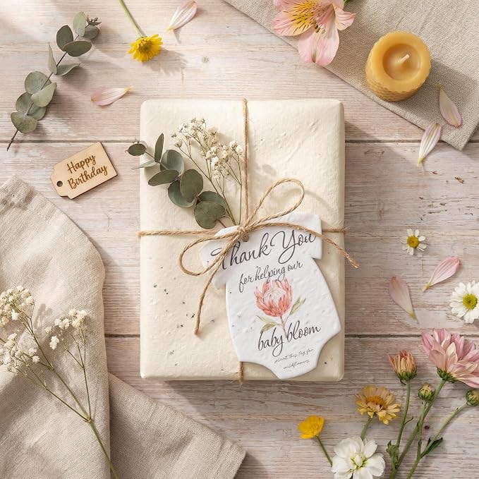 15pcs Protea Onesie-Shaped Gift Tags with Wildflower Seeds - Writable Gift Wrap Tags for Baby Showers, Mother's Day Present, Party Favors, DIY Crafts, & Earth Day Decorations