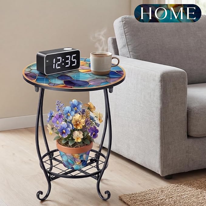 Cinnvoice Outdoor Side Table Round Small Mosaic Patio Accent Indoor End Plant Coffee Tea Table for Yard Patio Porch Garden Living Room, Bedroom(Marble Style,14 Inch)