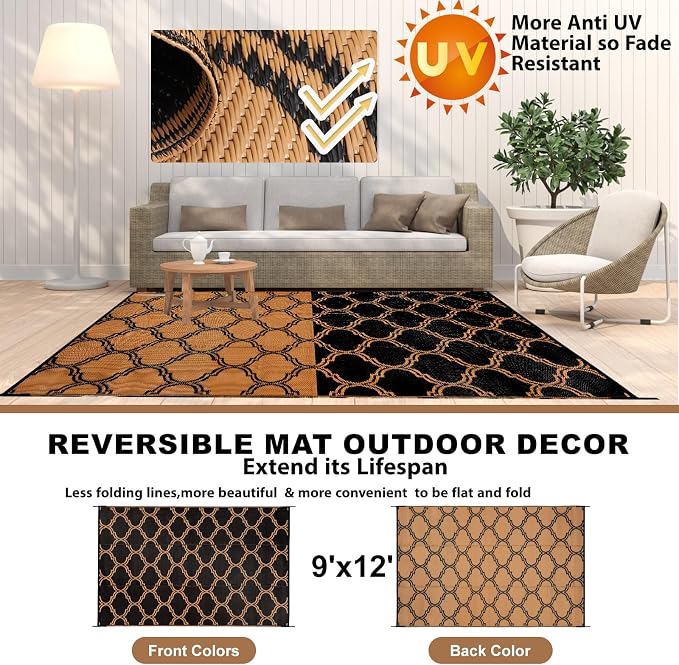 Alfolo 9x12 Outdoor Rug for Patio & RV Camping - Waterproof Plastic Straw Mat with Corner Loops & Carry Bag - Reversible, UV Fade-Resistant & Easy to Clean (Black/Brown)