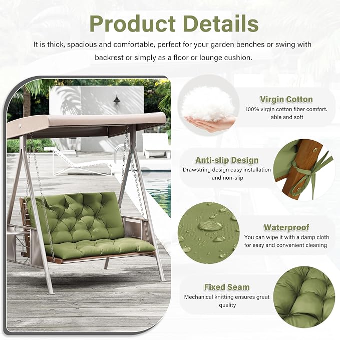 Porch Swing Cushion with Backrest,Waterproof Bench Cushion for Outdoor Furniture,2-3 Seater Replacement Thickened 5 in swing cushion,with Ties,Patio,Outdoor,Backyard and Garden (Light Green,40x40 in)