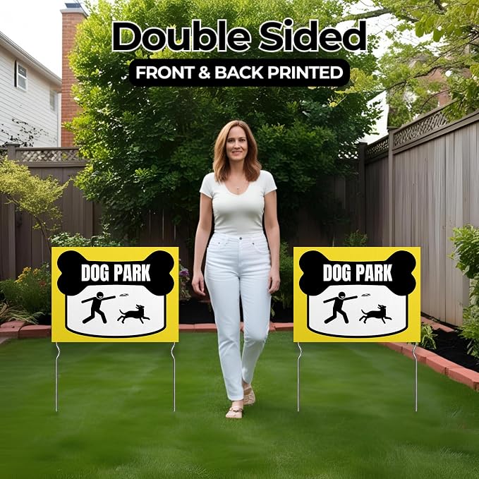Dog Park Yard Sign by DC | 24"x18" Double Sided Pets Garden Sign with 13” Metal Stakes | Outdoor Signs Waterproof for Lawn, Patio, Sidewalk & House | Set of 2 | Made in USA