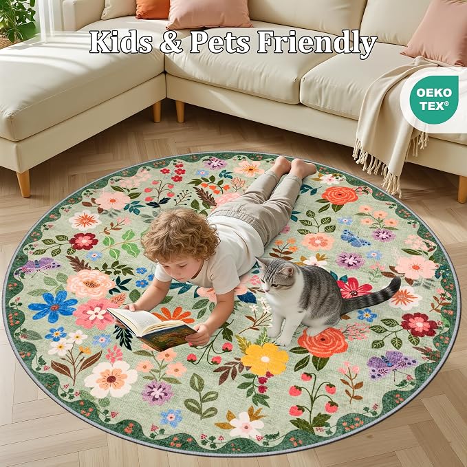 PLHXFR Round Area Rug Living Room: 6 ft Floral Washable Soft Carpet Green | For Bedroom Dining Room Farmhouse Nursery Hallway,Vintage Floral,Machine washable,Non Slip,Stain Resistant,Large Indoor