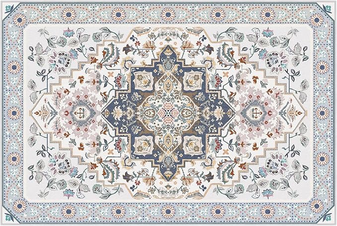 Phantoscope Washable Area Rug 4'x6' Non-Slip, Vintage Boho Rugs for Living Room, Bedroom, Dining Room, Persian Floral Medallion Pattern, Low-Pile Foldable Floor Carpet, Ivory Blue/Garden Bloom