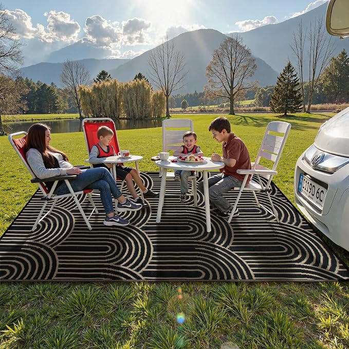 Lahome 6x9 Outdoor Rugs for Patios, Waterproof Black Outdoor Rug for Camping,Portable Plastic Straw Mats for Outside Your Rv Beach Backyard Garden Under Awning(Black,6'x9')