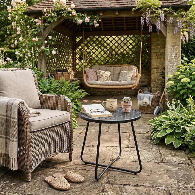 danpinera Outdoor Side Tables, Small Black Round End Table with Flower Cut Outs for Patio Yard Balcony Garden Bedside
