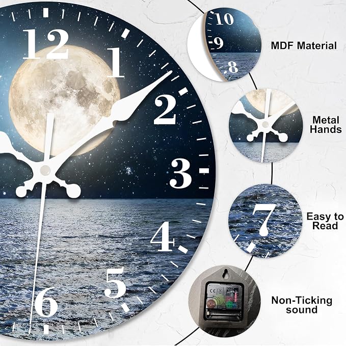 Wall Clocks Battery Operated, Full Moon Over The Sea Silent Non Ticking Decorative Indoor Outdoor Wall Clocks for Living Room Kitchen Bedroom Bathroom 12"