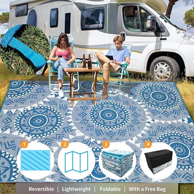 Alfolo Patio Rugs Outdoor 8x10 Waterproof Plastic Straw Reversible Outdoor Rugs for Deck,Backyard,RV Camping,Poolside, Stain & UV Resistant Fade Proof Portable Boho Blue & White Outdoor Mat