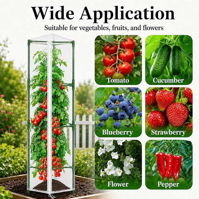 Halatool Garden Tomato Plant Cover Netting, Fits 55–72" Tall Tomato Cages, Garden Bird Netting with Zipper & Drawstring, Insect Barrier, Plant Covers from Insects Animals, 4 Pack, 61"×15.7"