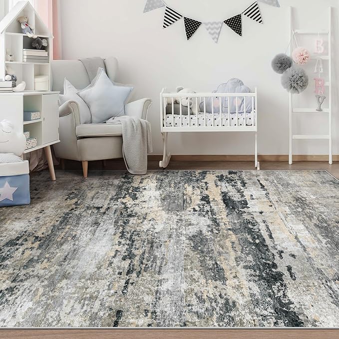 pmtsns Area Rugs 6x9 for Living Room: Washable Rug Modern Abstract Neutral Soft Non-Slip Low-Pile Indoor Carpet for Bedroom Dining Room Playroom Home Office (Black Grey Brown, 6'x9')
