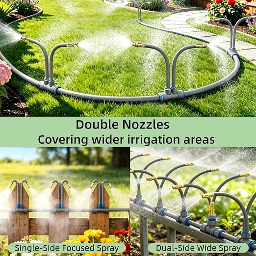 39 FT Drip Irrigation System - Double-Head 360° Adjustable Garden Watering System with 24 Spray Nozzles, Garden Atomizing Misting System & Irrigation System for Garden, Greenhouse, Yard, Lawn, Plants