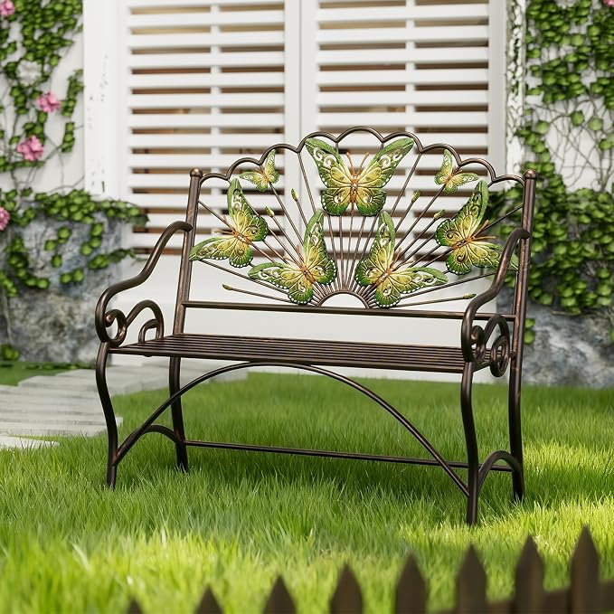 39.7" Arched Back Garden Bench, Metal Outdoor Bench with Scalloped Butterfly Pattern Backrest, Heavy Duty Patio Loveseat with Armrests & Slatted Seat for Front Porch, Backyard, Lawn & Park, Black