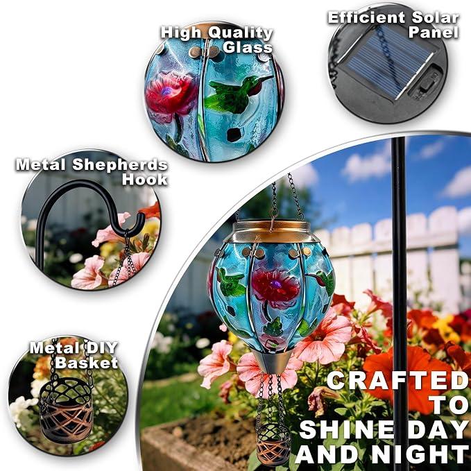 2PCS Solar Hot Air Balloon Flickering Flame Hanging Garden Light with Shepherd's Hooks, 18" H Waterproof Glass Outdoor Lantern for Yard Patio, Mother's Day Gift, Hummingbird