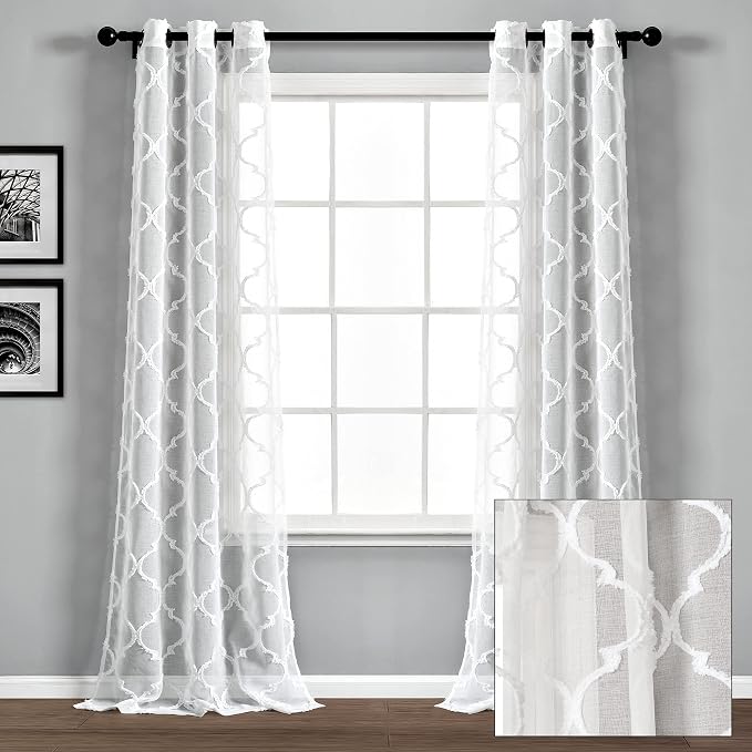 Lush Decor Avon Trellis Grommet Sheer Window Curtain Panels Pair 38" W x 95" L White - Sheer Curtains for Living Room - Modern Farmhouse Bedroom Curtains