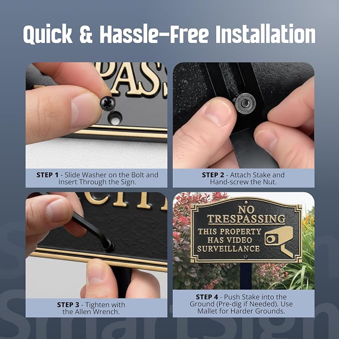 SmartSign 5.75 x 9.5 inch “No Trespassing - This Property Has Video Surveillance” GardenBoss Statement Plaque with 18 inch Lawn Stake, 375 mil Rustproof Aluminum, Black and Gold, Set of 1, USA-Made