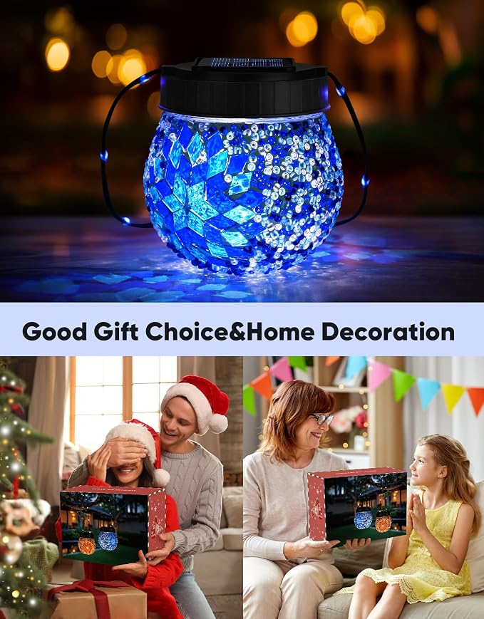 Mosaic Solar Lights Outdoor 4 Pack, Solar Hanging Lanterns Christmas Halloween Gifts for Women Mom Grandma, Waterproof Glass Globe Lights, Garden Patio Decor for Yard, Tree, Balcony, Cold