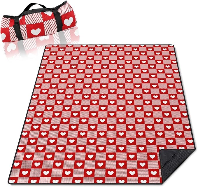 Checkered Love Blankets Waterproof Foldable,60''x80'' Portable Dual Layers Outdoor Travel Camping Backpacking Hiking Beach Blanket Mat for Grass Padded Lawn Park Beach,Checkered Picnic Accessories