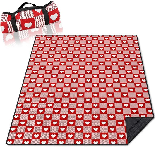 Checkered Love Blankets Waterproof Foldable,60''x80'' Portable Dual Layers Outdoor Travel Camping Backpacking Hiking Beach Blanket Mat for Grass Padded Lawn Park Beach,Checkered Picnic Accessories