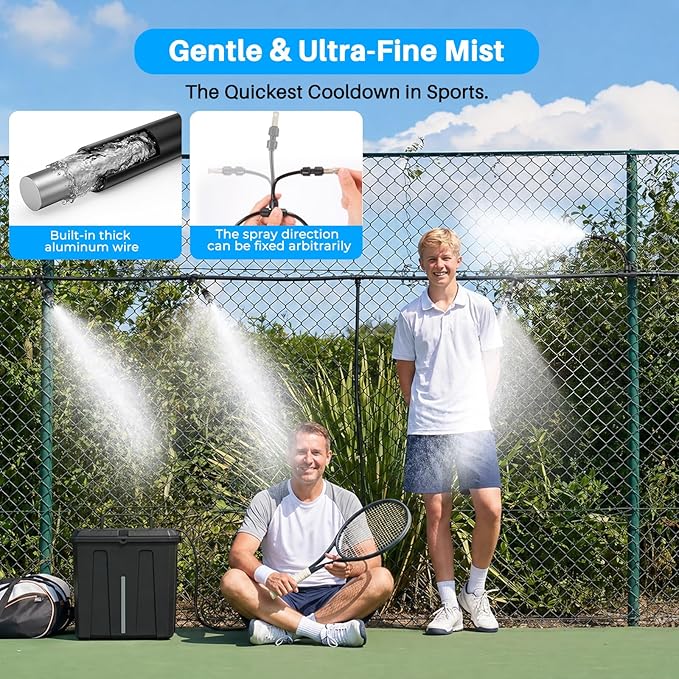 Ausic Portable Misting System, Outdoor Water Misters for Outside Patio Umbrella Cooling with Rechargeable Water Pump (Consecutive 8Hrs), 9L Bucket, 26FT Hose, for Tailgating, Camping, Canopy, Sport