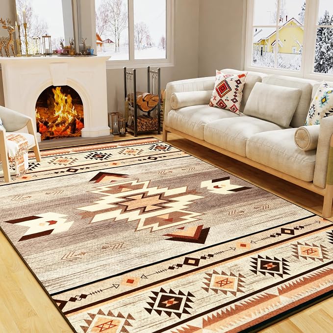 BENRON Western Area Rugs for Living Room Bedroom 3x5, Non Slip, Warm Beige | Southwest aztec Throw Rugs for Dining Table Kitchen Home Decor, Washable