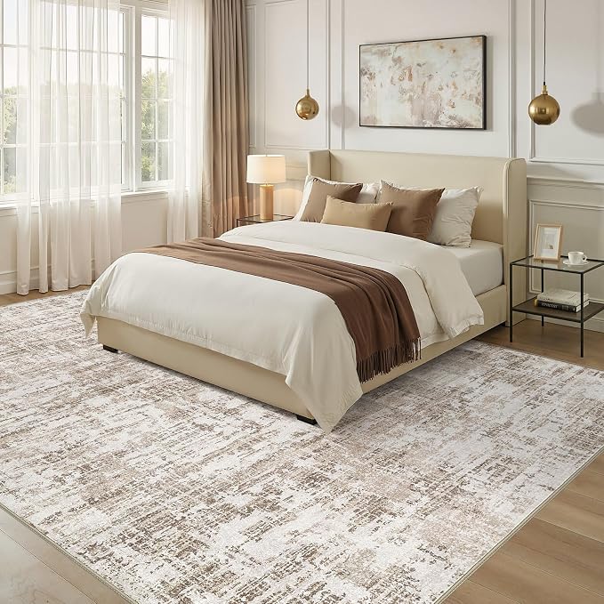 Nakagishi 9X12 Abstract Washable Area Rugs for Living Room-Brown-02 | Modern Non-Slip Silicone Backing Low Pile Soft Carpet for Bedroom Dining Decor Ideal for Families with Kids and Pets