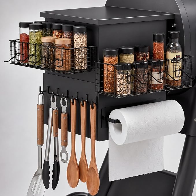 Maxdot 2 Pack Magnetic Storage Bins for Pellet Smoker Grill, 1 Large & 1 Small Grill Caddy with Paper Towel Holder and Hooks, BBQ Organizer Accessories for Most Pellet Grills