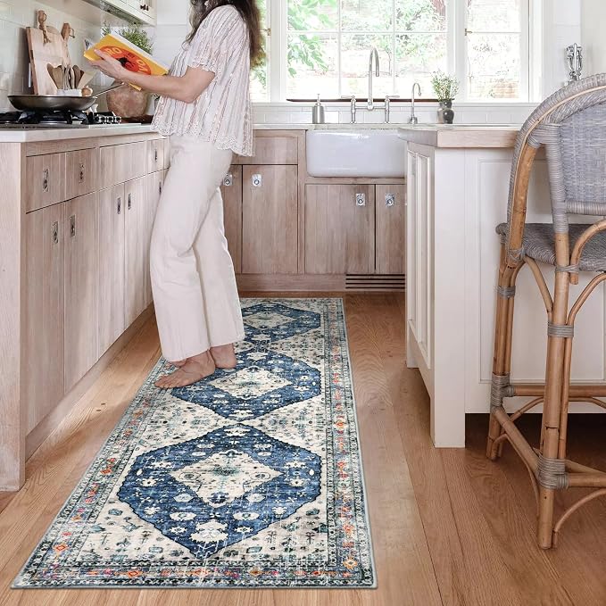 Lahome Felice Boho Tribal Runner Rug - 2x8 Blue Washable Runners for Hallways Bathroom Rug, Oriental Soft Non Slip Low Pile Pet Friendly Kitchen Mat Carpet Runner for Apartment Bar Hall Front Door