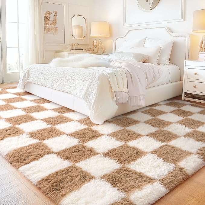 Checkered Rug 9x12 for Living Room, Ultra Fluffy Fuzzy Shag Large Area Rug for Bedroom, Modern Plush Soft Upgrade Non-Slip Carpet for Kids Girls and Boys Room Dorm Home Decor, Cream and Camel