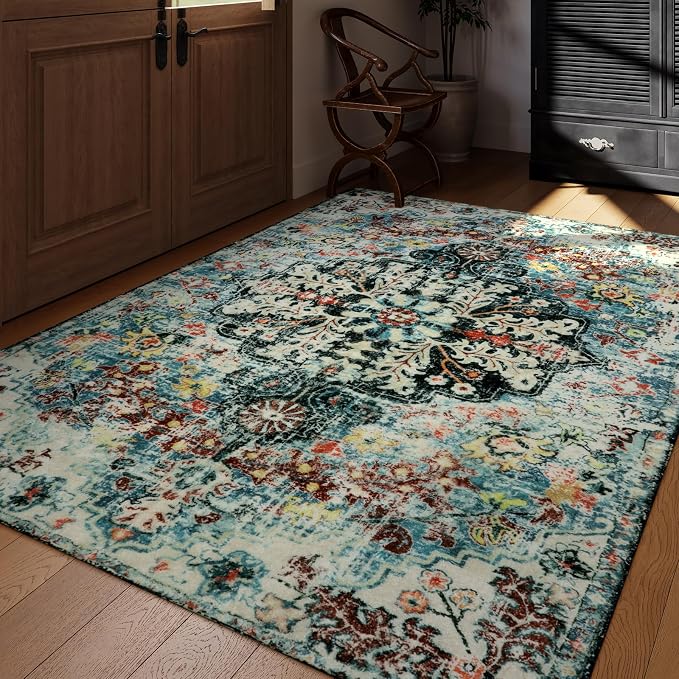 Lahome Reine Area Rugs 6x9, Washable Area Rugs for Living Room Non Slip Bedroom Dining Room Rug, Large Bohemian Soft Stain Resistant Indoor Floor Carpet for Apartment Nursery Kids Room, Teal