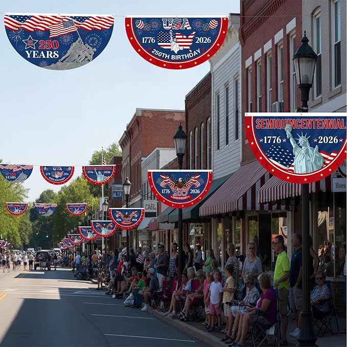 Tudomro 4 Pcs 250th Anniversary USA Bunting Fan Flag for Outdoor 1.5x3 ft 1776-2026 American Anniversary Bunting Flag for Outside 4th of July Patriotic Half Fan Hanging Banner Garden Decoration