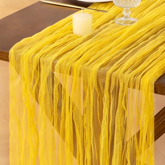 Socomi Yellow Cheesecloth Table Runner Tulle Gauze Cheese clothBoho Rustic 120 inch 10FT Runner for Wedding Party Baby Shower Birthday Holiday Decorations 3pcs