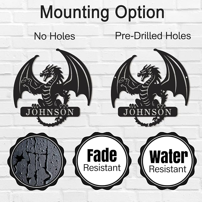 Personalized Dragon Metal Wall Art – Custom Last Name Sign, Western Dragon Home Decor for Living Room, Porch & Outdoor Display