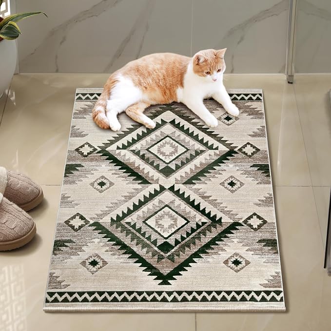 YHSF South West Native Tribal American Rug Ritz - Olive, 2 ft x 3 ft | Native American Indian Inspired Rug - Living Room, Bedroom, Hallway, Entryway & High-Traffic Area Rugs - Washable - Soft