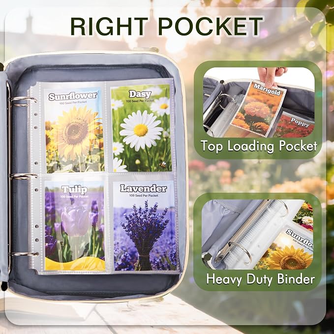 Seed Storage Organizer Binder with 20 Reusable Seed Envelopes | 30 Sheet Protectors Holds 120 Packets Envelopes, 1.5-Inch 3-Ring Binder, Handle & Adjustable Shoulder Strap,Ideal for Garden