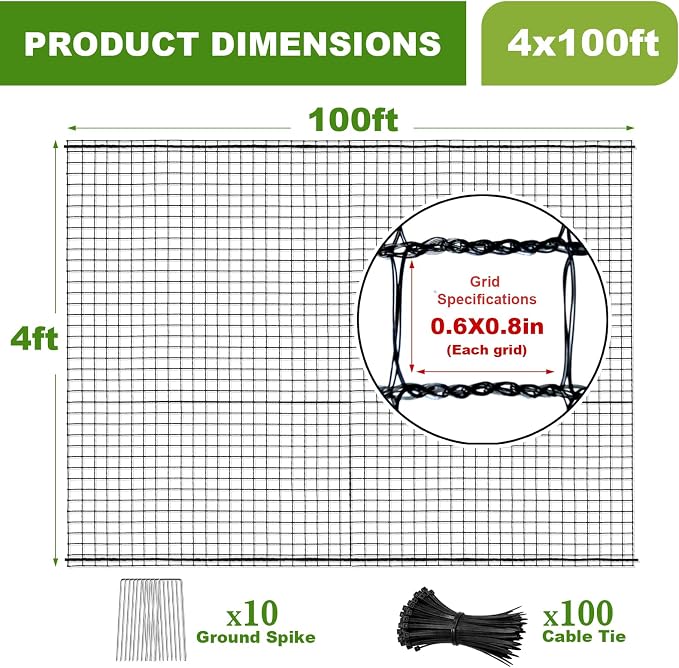 Deer Fence Netting, 4x100ft Heavy Duty Plastic Mesh Deer Fencing, 55GSM Garden Fence Animal Barrier, Bird Netting for Garden Protection, Reinforced Edge Temporary Fence for Tree Vegetable Raised Bed