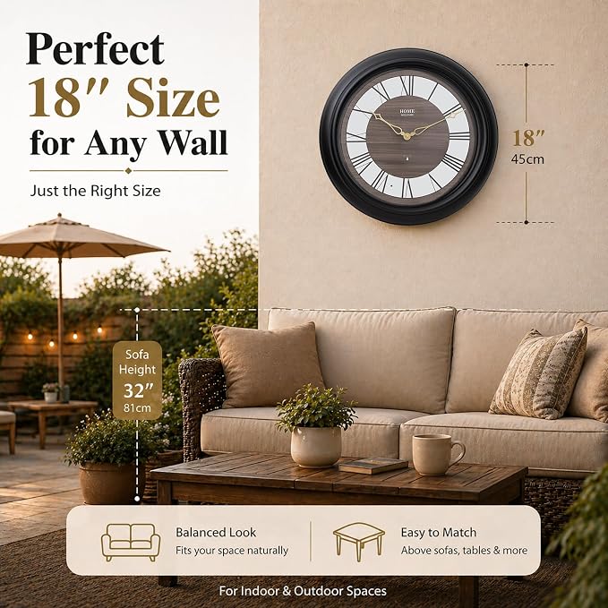 Pytha Sight 18 Inch Outdoor Clocks Waterproof, Atomic Analog Large Roman Numerals Outdoor Wall Clock with Light Sensor, Silent Non-Ticking Outdoor Clock for Patio Garden Porch Pool