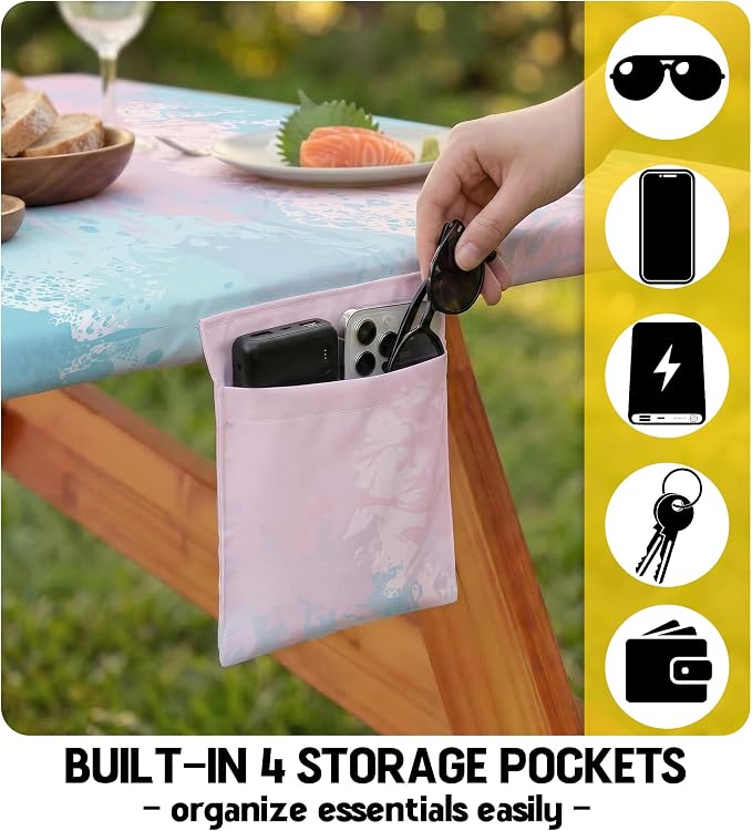 Picnic Table Cover with Bench Covers Waterproof Elastic Rectangle Reusable Folding Tablecloth Mantelería Manteles Camping Essentials Rv Car Travel Supplies Table Cloth Outdoor Road Trip Camper Gifts