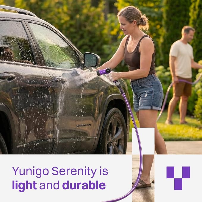 SERENITY 50ft Flat-to-Round Purple Garden Hose – Lightweight, No-Kink, Abrasion-Resistant TPV Hose with Durable Aluminum Couplings, Spray Nozzle & Hose Mender, Ideal for Home & Garden Watering