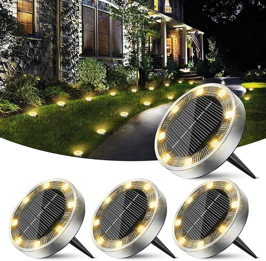 Peasur Mini Solar Ground Lights Outdoor, 4 Pack Flat Solar Powered Disc Lights, IP68 Waterproof, Anti-Rust, Landscape Lighting for Pathway Garden Yard Lawn Walkway Landscape Driveway, Warm White