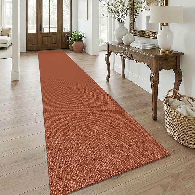 KOZYFLY Orange 3x18 Runners Rugs for Hallway, Extra Long Washable Runner Rug, Woven Non Slip Kitchen Runner, Cotton Entryway Rug, Floor Carpet for Entry, Aisle, Hall, Burnt Orange/Tan