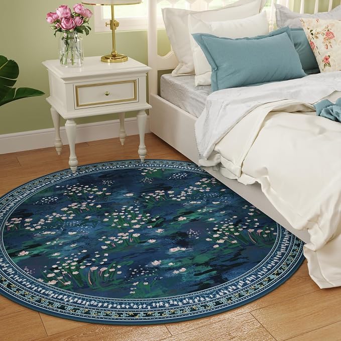 Rugcomf Circle Rug Impressionist-Style Vintage Round Rug 4ft Non Slip Low Pile Small Circular Rug for Bedroom Bathroom Entryway Kids Room Office College Dorm, Blue