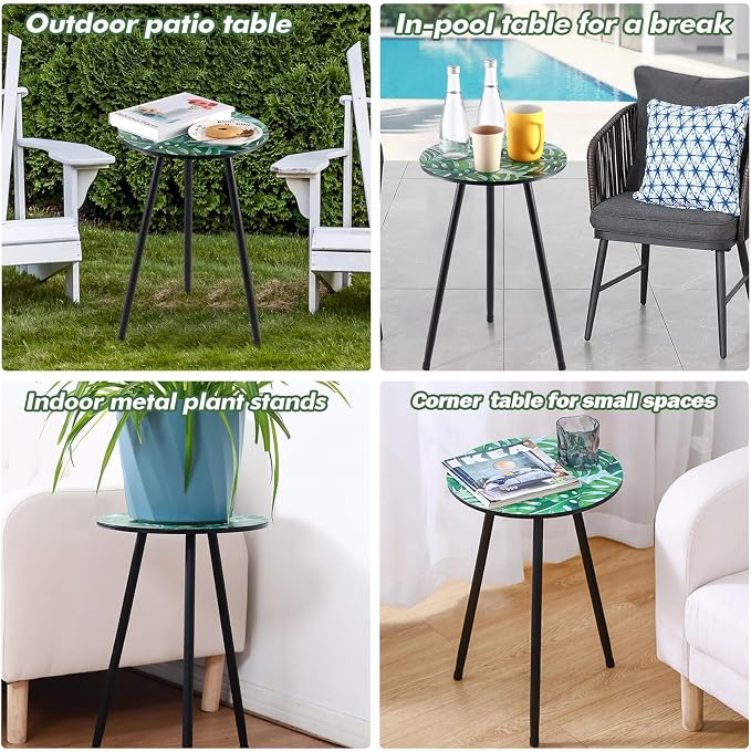 Metal Outdoor Side Tables Set of Two Small Outside Round End Table for Patio Modern Accent Garden Corner Table for Small Spaces, Balcony, Porch, Weather-Resistant, Plant Stand Indoor, Green Leaves