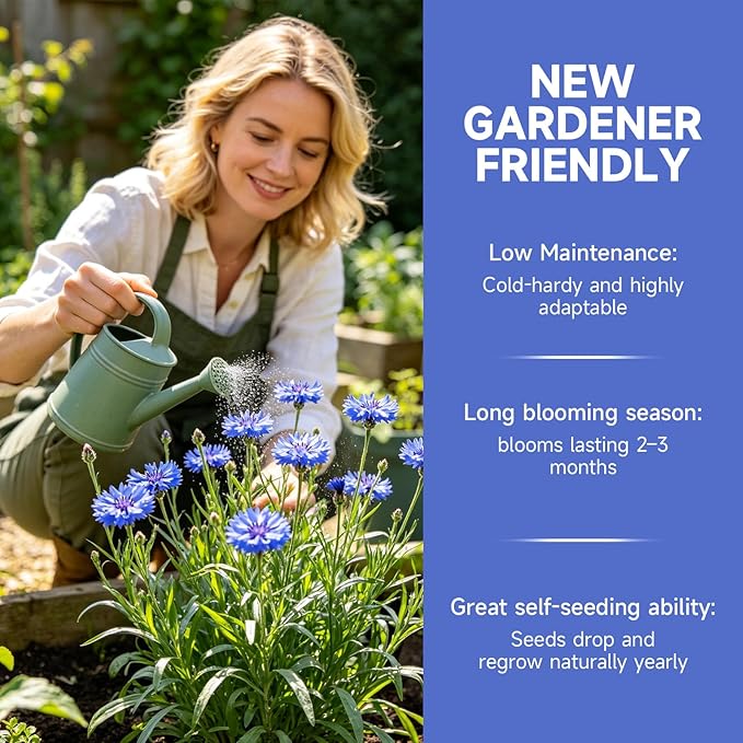 Groundio Bachelor Button Seeds Tall Blue, 6000+ Non-GMO Heirloom Cornflower Seeds, Friendly Flower Seeds Easy to Grow, Perfect for Wildflower & Pollinator Gardens (Centaurea cyanus)