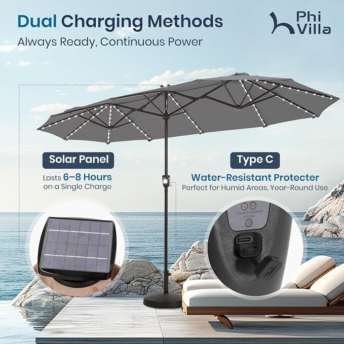 PHI VILLA 13ft Patio Umbrella with 120 PCS Solar-Powered LED Color-Changing Lights, Double-Sided Large Rectanglular Umbrella Outdoor for Table with Crank Lift,Light Grey(No Base)