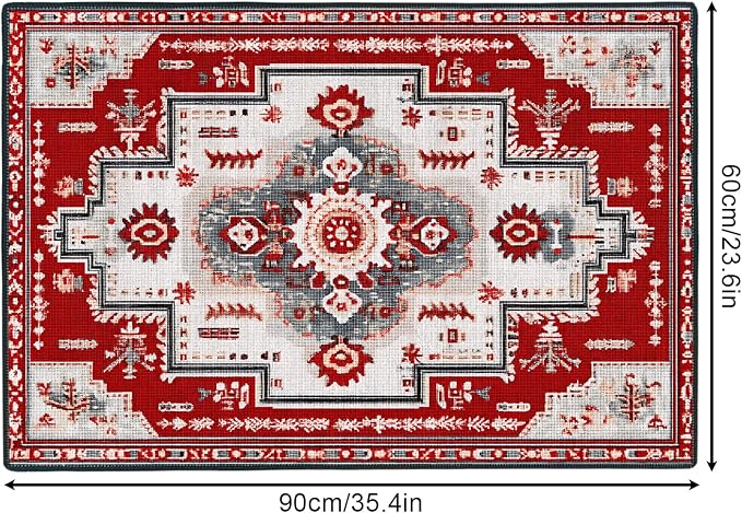 Red Geometric Rose 2x3 Entry Rug,Washable Small Rugs for Entryway Kitchen Bathroom Door Mat Indoor Entrance,Non Slip Rubber Backing,Stain & Fade Resistant,Gul Floral Farmhouse Decor